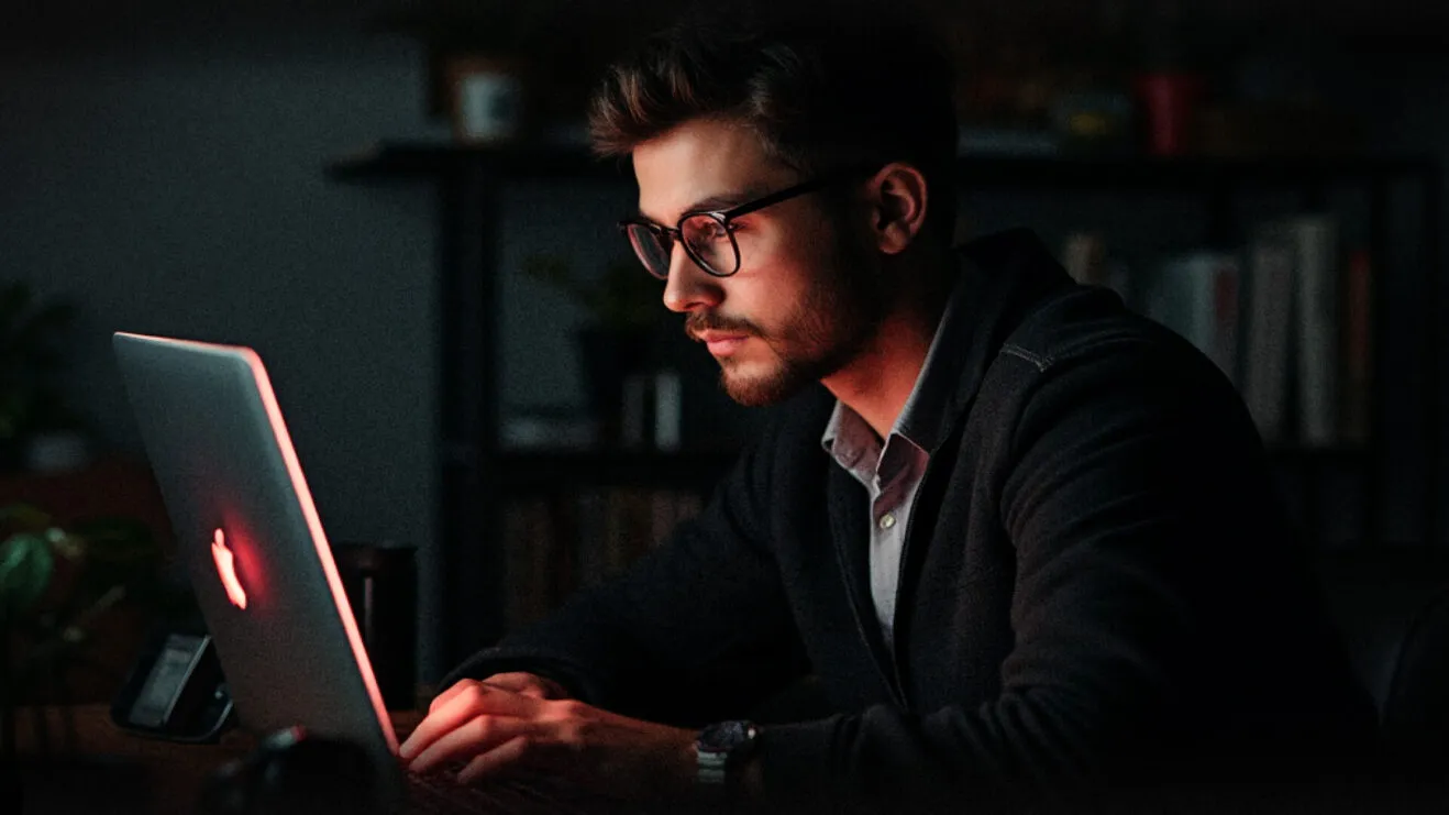 Темная комната, освещенная красным, желтым и белым неоновым светом; человек работает за ноутбуком, отражая неоновое свечение на очках и клавиатуре, создавая атмосферу сосредоточенности и современности.