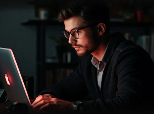 Темная комната, освещенная красным, желтым и белым неоновым светом; человек работает за ноутбуком, отражая неоновое свечение на очках и клавиатуре, создавая атмосферу сосредоточенности и современности.